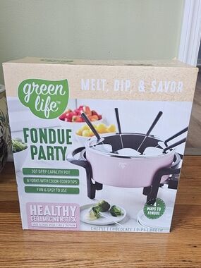 New Never Opened Green Life Pink Healthy Ceramic Nonstick Fondue Party Set